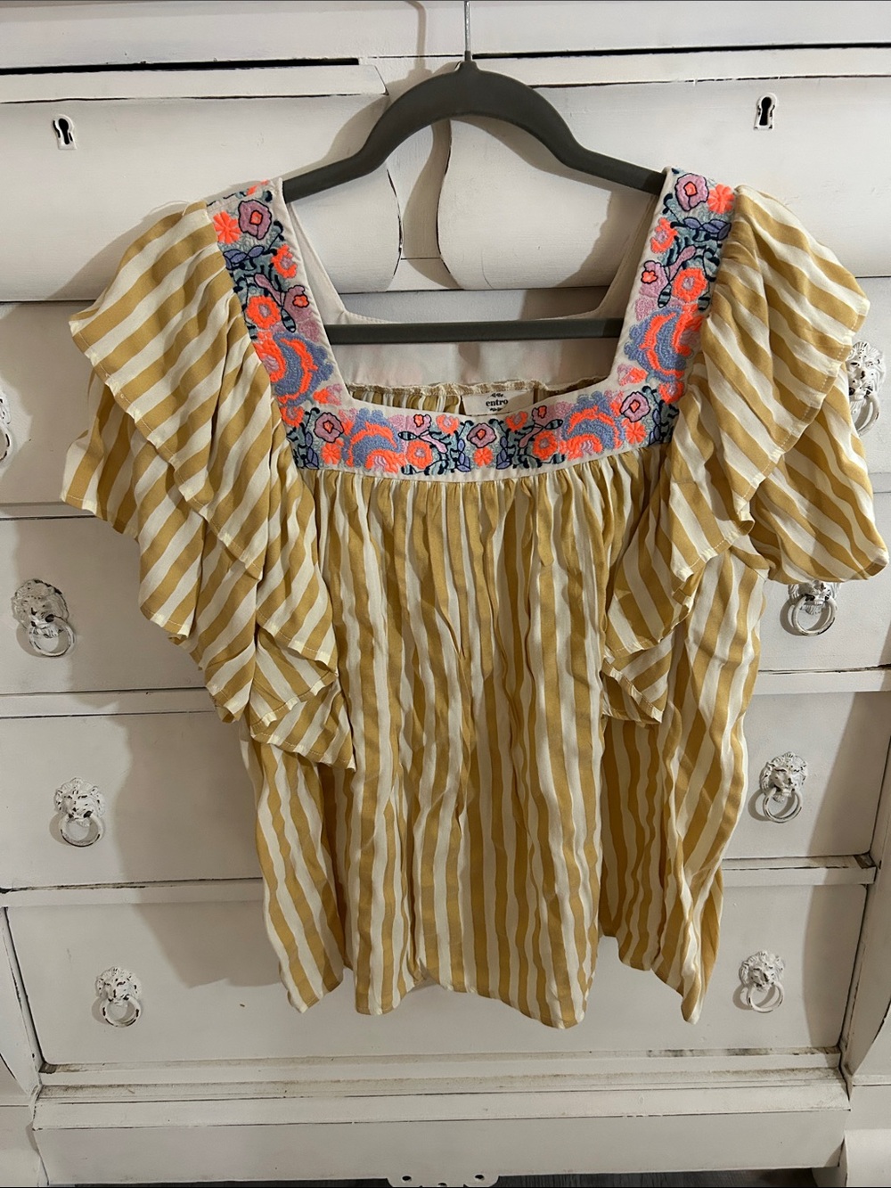 entro Yellow Stripe Embroidered Square-Neck Blouse